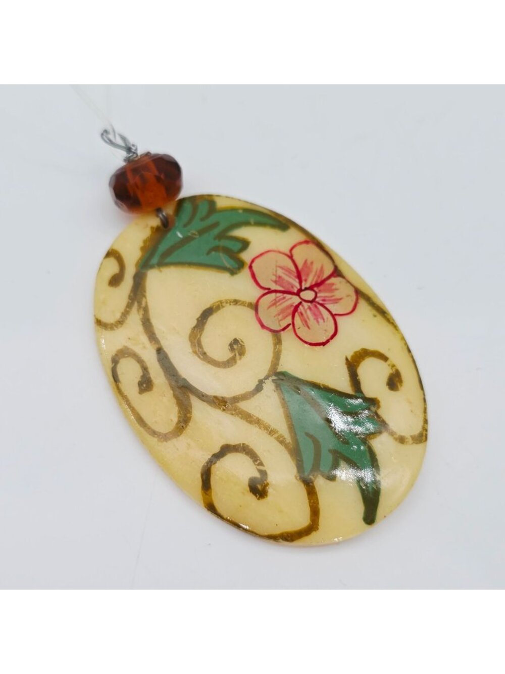 Hand-Painted Floral Pendant Necklace Amber-Colored Bead Accent Oval 2"
